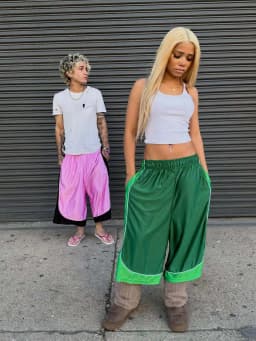 Women Couple American Retro Trendy Color Block Spliced Sports Capri Pants Elastic Waist Wide Leg Loose Versatile Casual Trousers
