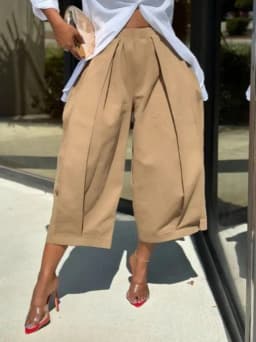 Women Casual Pants High Waist Elastic Waistband Front Pleats Loose Fit Wide Leg Pants Summer Lightweight Pockets Trousers