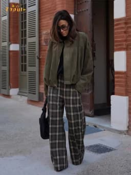 Chic Green Plaid Print Loose Pants Women Casual High Waist Straight Wide Leg Trousers Party Daily Classic Attire 2026 Spring