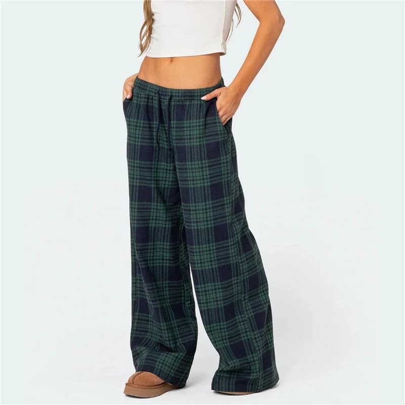 Women's Casual Plaid Print Pants Drawstring Elastic Waist Loose Straight Pants with Pockets Sleep Bottoms Korean Home Wears