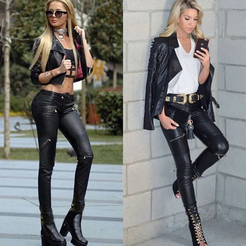 Stretch Faux Pu Leather Pants Women Skin Tight Motorcycle Gothic Punk Rock Pencil Trousers Zipper Moto Biker Leggings Black XS