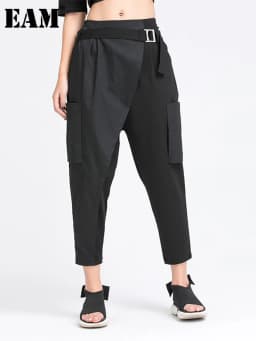[EAM] High Elastic Waist Black Irregular Split Harem Trousers New Loose Fit Pants Women Fashion Tide Spring Summer 2026 1Y487