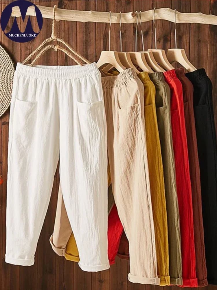 High Waist Women's Pants Summer Slim Fit Elastic Waist Straight Tube Harun Korean Fashion Leisure Loose Trousers