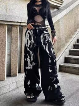Y2K Grunge Silver Painted Cargo Pants Women's Gothic Drawstring Wide Leg Baggy Streetwear Trousers Female Punk Harajuku Bottoms