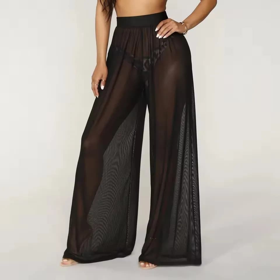 Women See Through Boho Wide Leg High Waist Trousers 2026 New Beach Long Loose Mesh Sheer Pants Hot