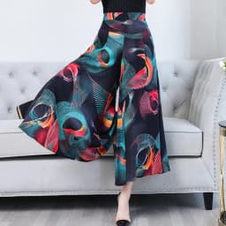 Fanmuer 2025 Summer Pants Women Casual Loose Elastic Waist Vintage Pant Trousers Women Wide Leg Pants Print Calf-length Pants