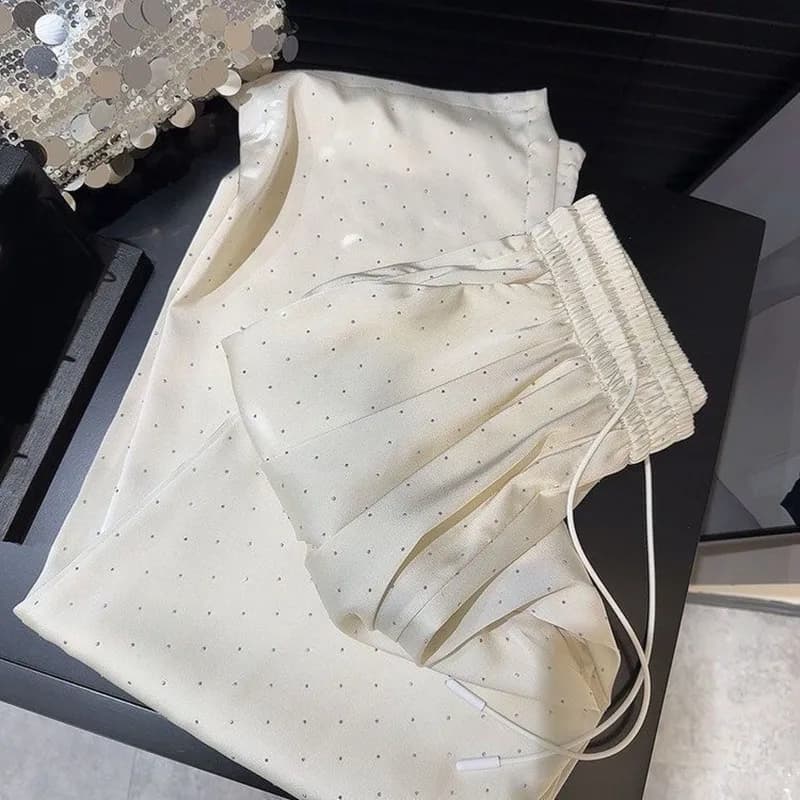 Women Summer Pants All-match High Waist Casual Loose Wide Leg Pants Rhinestone Straight Trousers Korean Fashion Female Clothes