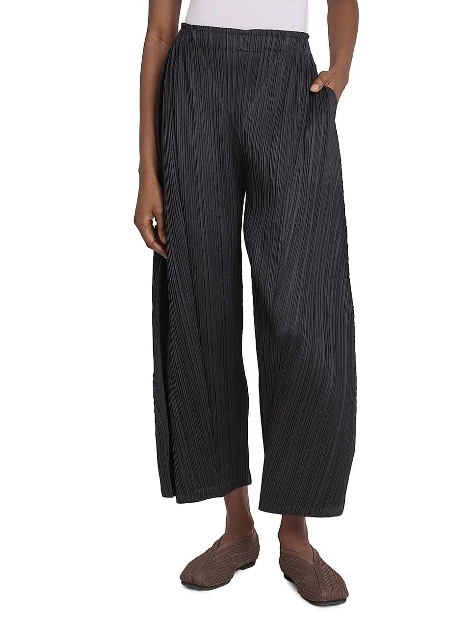 Miyake Pleated Thick Elastic Waistband Wide Leg Pants