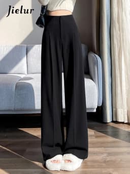 Jielur Loose Pure Color High Waist Slim Women Pants Straight Casual Winter Simple Office Ladies Fashion Female Wide Leg Pants