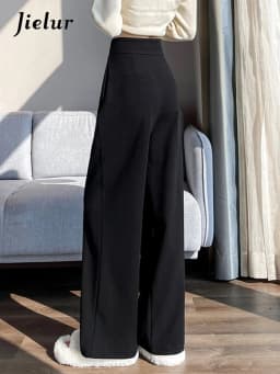 Jielur Loose Pure Color High Waist Slim Women Pants Straight Casual Winter Simple Office Ladies Fashion Female Wide Leg Pants