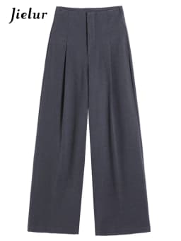 Jielur Loose Pure Color High Waist Slim Women Pants Straight Casual Winter Simple Office Ladies Fashion Female Wide Leg Pants