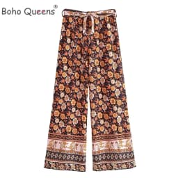 Boho Queens Women Wild Floral Print Bohemian Wide Leg Pant Ladies Mid Waist Loose Rayon Vacation Boho Pants Oversize Trousers