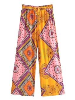Boho Queens Women Wild Floral Print Bohemian Wide Leg Pant Ladies Mid Waist Loose Rayon Vacation Boho Pants Oversize Trousers