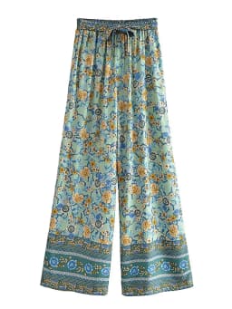 Boho Queens Women Wild Floral Print Bohemian Wide Leg Pant Ladies Mid Waist Loose Rayon Vacation Boho Pants Oversize Trousers