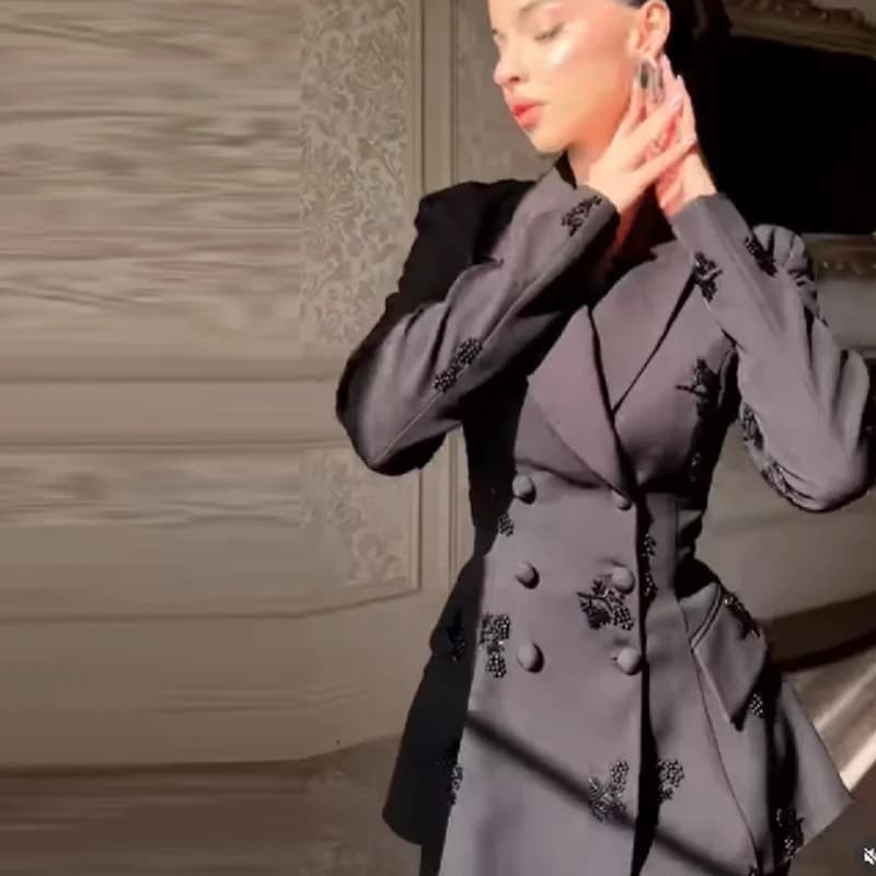 Chic 3d Bead Black Suit Pant Set Long Sleeved V-neck Waist Lace Up Suit Jacket Cozy Versatile Pant 2026 Commuting Woman Clothing