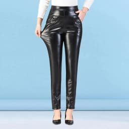 Autumn And Winter 2022 New Korean Style Women Pants Leather Pants Women's High Waist Plush Thickened Elastic PU Leather