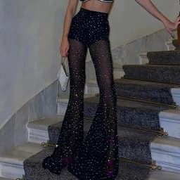 Sheer Mesh Bootcut Casual Pants Women's High Waist Rhinestoned Design Flared Wide Leg Pants Female Retro Club Wear Palazzo Pants