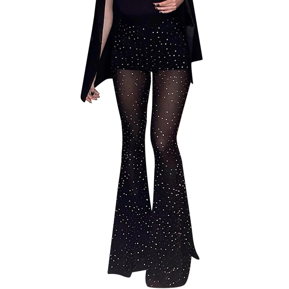 Sheer Mesh Bootcut Casual Pants Women's High Waist Rhinestoned Design Flared Wide Leg Pants Female Retro Club Wear Palazzo Pants