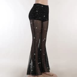 Sheer Mesh Bootcut Casual Pants Women's High Waist Rhinestoned Design Flared Wide Leg Pants Female Retro Club Wear Palazzo Pants