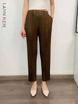 LANMREM Straight Pleated Pants For Women High Elastic Waist Casual Loose Trousers Female New Spring 2025 Clothing 2DA1022