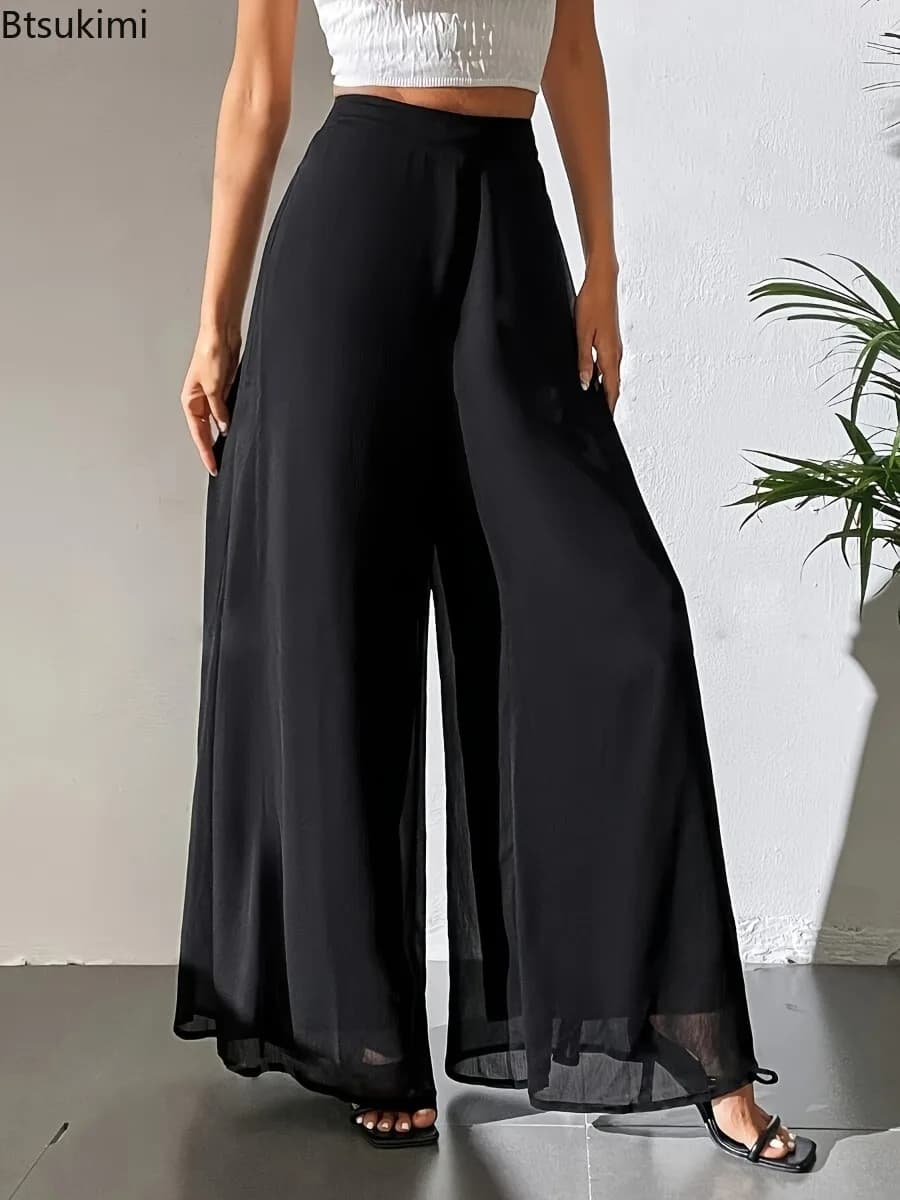 2026 Women's Summer Casual Pants Mom's Loose Pants Versatile Ice Silk Chiffon Wide Leg Pants Straight Casual 9-point Trousers