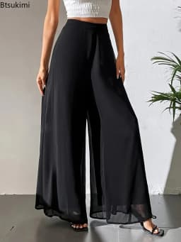2026 Women's Summer Casual Pants Mom's Loose Pants Versatile Ice Silk Chiffon Wide Leg Pants Straight Casual 9-point Trousers