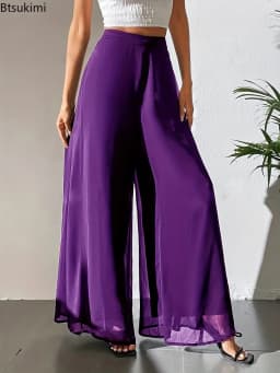 2026 Women's Summer Casual Pants Mom's Loose Pants Versatile Ice Silk Chiffon Wide Leg Pants Straight Casual 9-point Trousers