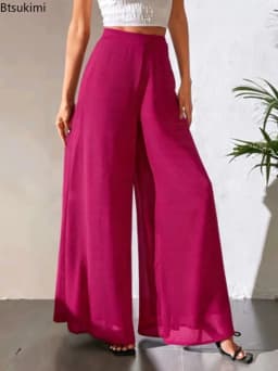 2026 Women's Summer Casual Pants Mom's Loose Pants Versatile Ice Silk Chiffon Wide Leg Pants Straight Casual 9-point Trousers