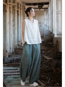 Women Elastic Waist Ramie Cotton Pants Ladies Vintage Spring Summer Trousers Female 2023 Bloomers