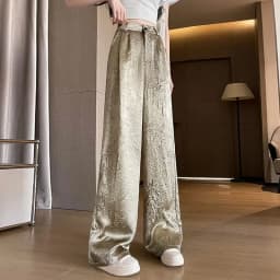 Fashion Wrinkled Design Straight Pants Women Summer High Waist Wide Leg Trousers Streetwear Gold Silver Loose Y2K Full Pants