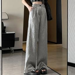 Fashion Wrinkled Design Straight Pants Women Summer High Waist Wide Leg Trousers Streetwear Gold Silver Loose Y2K Full Pants