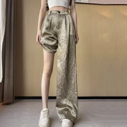 Fashion Wrinkled Design Straight Pants Women Summer High Waist Wide Leg Trousers Streetwear Gold Silver Loose Y2K Full Pants