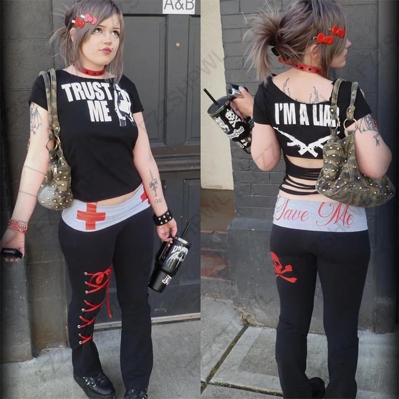 Gothic Punk Rock Women's Trousers Sexy Slim Fit Casual Chic Printed Lace-up High-Waisted Pants Emo Harajuku Y2K Hotties Bottoms