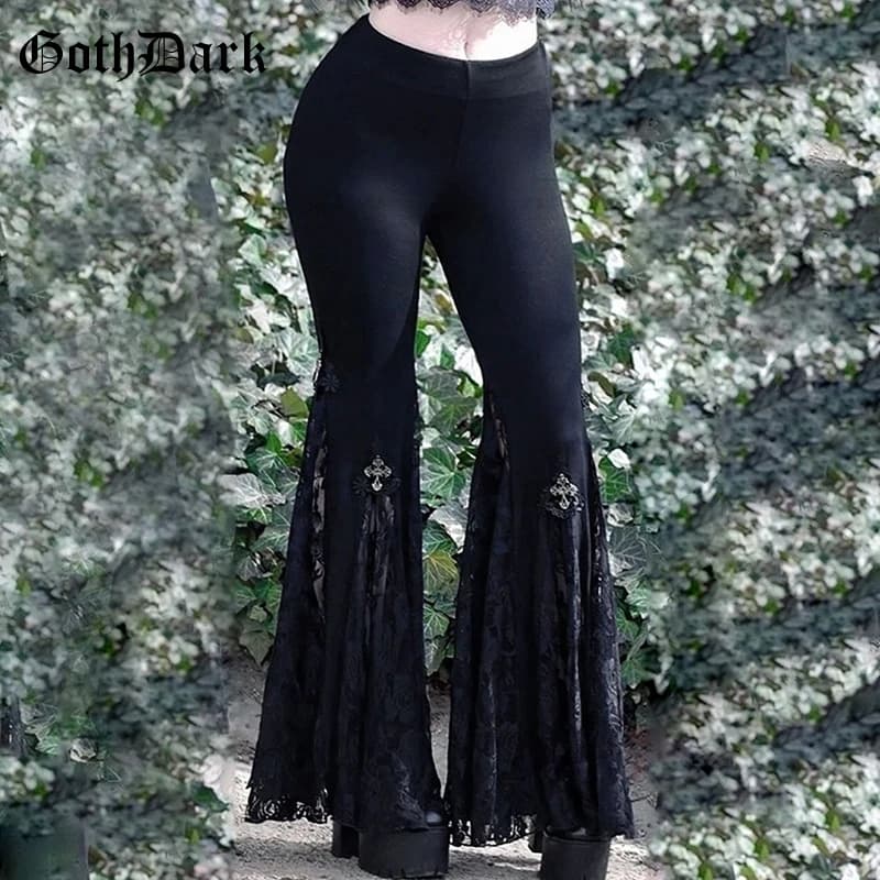 Goth Dark High Waist Package Hip Long Pants Mall Gothic Lace Patchwork Women Flare Pant Grunge E-girl Trousers Trim Streetwear