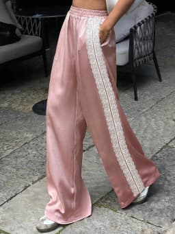 hirigin Women Satin Silk Lace Trim Pants Y2k High Street Elastic Waist Wide Leg Pj Lounge Boxer Bottoms Trendy Causal Trousers