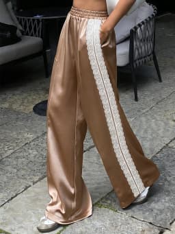 hirigin Women Satin Silk Lace Trim Pants Y2k High Street Elastic Waist Wide Leg Pj Lounge Boxer Bottoms Trendy Causal Trousers
