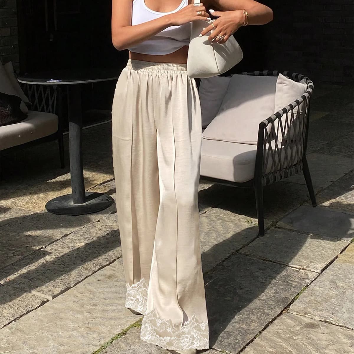 hirigin Women Satin Silk Lace Trim Pants Y2k High Street Elastic Waist Wide Leg Pj Lounge Boxer Bottoms Trendy Causal Trousers
