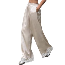 hirigin Women Satin Silk Lace Trim Pants Y2k High Street Elastic Waist Wide Leg Pj Lounge Boxer Bottoms Trendy Causal Trousers