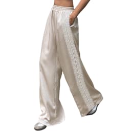hirigin Women Satin Silk Lace Trim Pants Y2k High Street Elastic Waist Wide Leg Pj Lounge Boxer Bottoms Trendy Causal Trousers