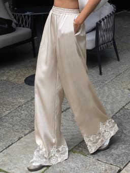 hirigin Women Satin Silk Lace Trim Pants Y2k High Street Elastic Waist Wide Leg Pj Lounge Boxer Bottoms Trendy Causal Trousers