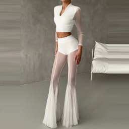 Elegant High Waist Slim Straight Trousers Sexy See Through Mesh Flare Pants for Women Summer Solid Commute Lady Long Pants Mujer