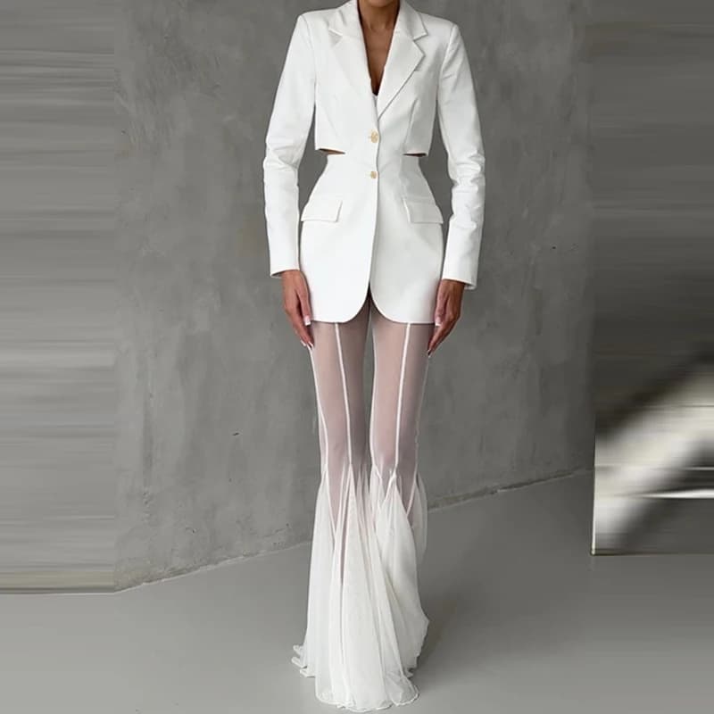 Elegant High Waist Slim Straight Trousers Sexy See Through Mesh Flare Pants for Women Summer Solid Commute Lady Long Pants Mujer