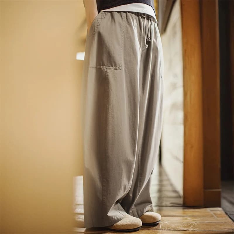 Maden New Casual Khaki Wide Leg Trousers Women's Spring Summer Elastic Waist Pocket Cargo Pants Street Fashion Slimming Bottom
