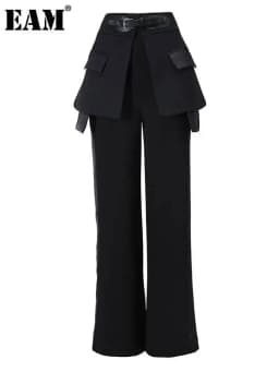 EAM Black Irregular Pants High Waist Leather Long Wide Leg New Loose Fit Trousers Women Fashion Spring Autumn 2026 JQ78101