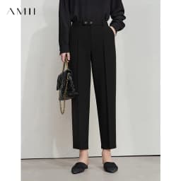 AMII Woman Pants 2026 Autumn Autumn Woman Loose Casual Fashion Simple Nine Point Trousers Black Blended Pleated Pants 12611025