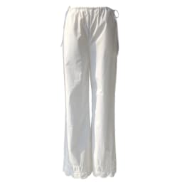 Embroidery Hollow out Women White Pants 100% Cotton Drawstring Elastic Waist Female Straight Long Trousers