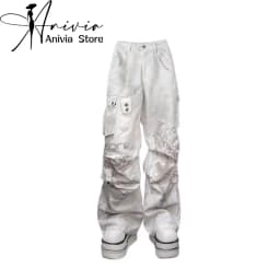 Women Off White Baggy Cargo Pants Vintage Harajuku Y2k Aesthetic Oversize Parachute Pants High Waist Wide Trousers 2000s Clothes