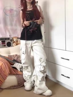 Women Off White Baggy Cargo Pants Vintage Harajuku Y2k Aesthetic Oversize Parachute Pants High Waist Wide Trousers 2000s Clothes