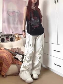 Women Off White Baggy Cargo Pants Vintage Harajuku Y2k Aesthetic Oversize Parachute Pants High Waist Wide Trousers 2000s Clothes