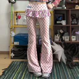 Y2k Kawaii Full Length Pants Women Casual Dot Fake Two-Piece Tail Skirt Flared Japanese Retro Slim Sweet Skirt Trousers